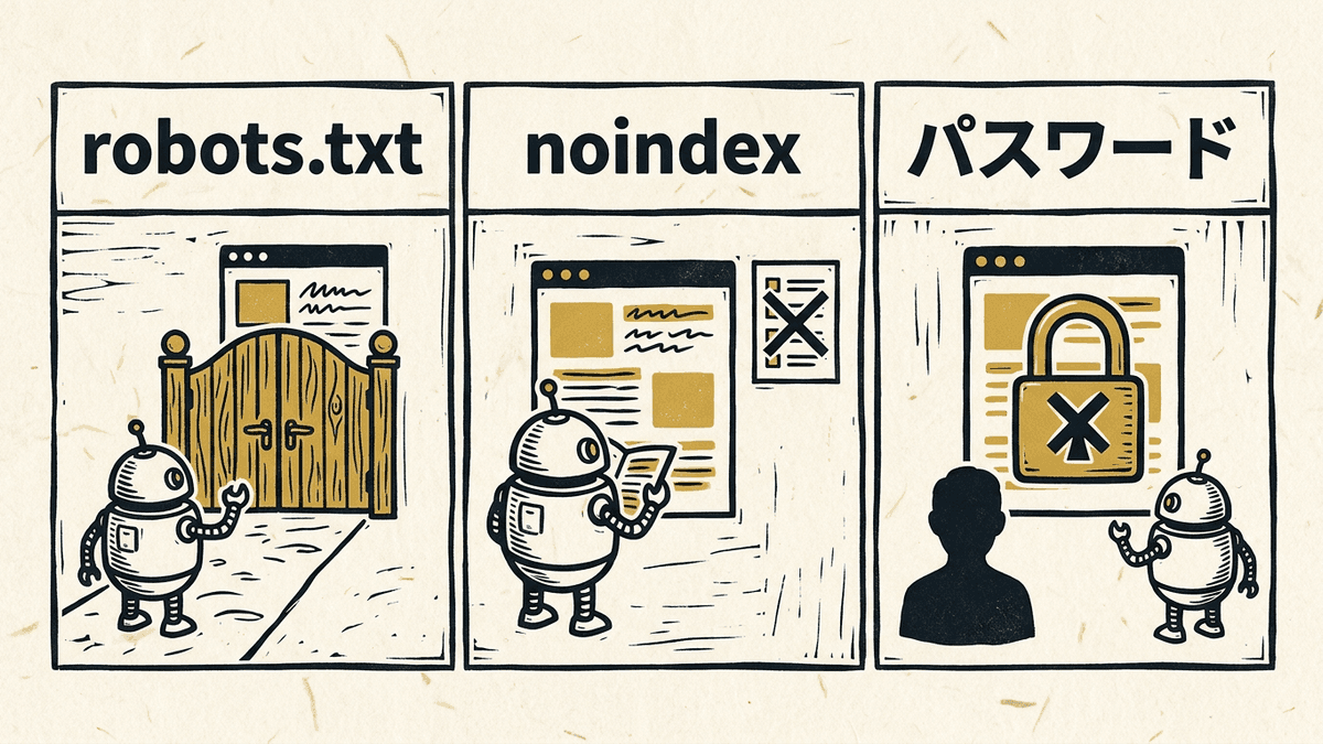 robots.txt、noindex、パスワードによる保護の3つで止まるものの違いを比べた図