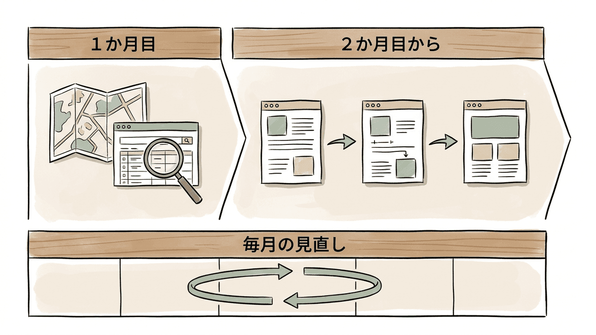 1か月目の記録と設計、2か月目からのページづくり、毎月の見直しの流れを示す図