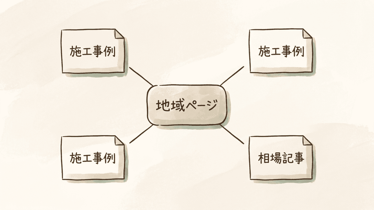 市ごとの地域ページを中心に、施工事例のページと家づくりの記事がつながる構成の図