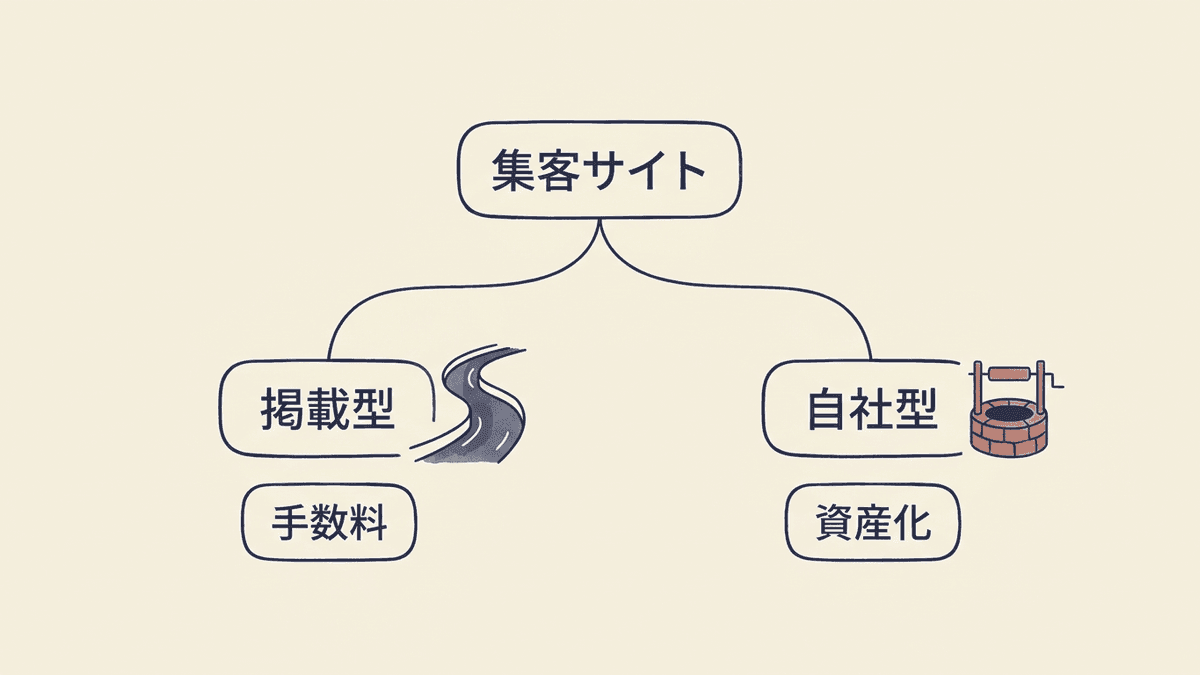 集客サイトという言葉が掲載型と自社型に分岐する構造図