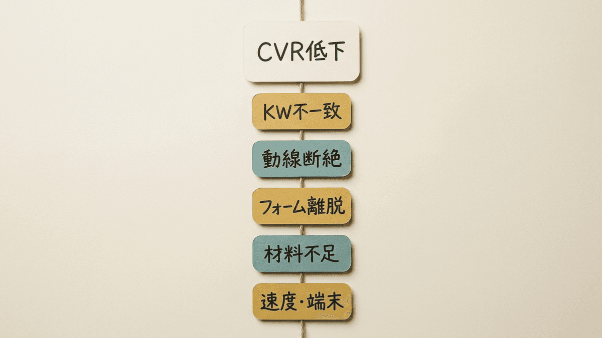 CVRが上がらない原因を5つに切り分ける手順を示したフロー図