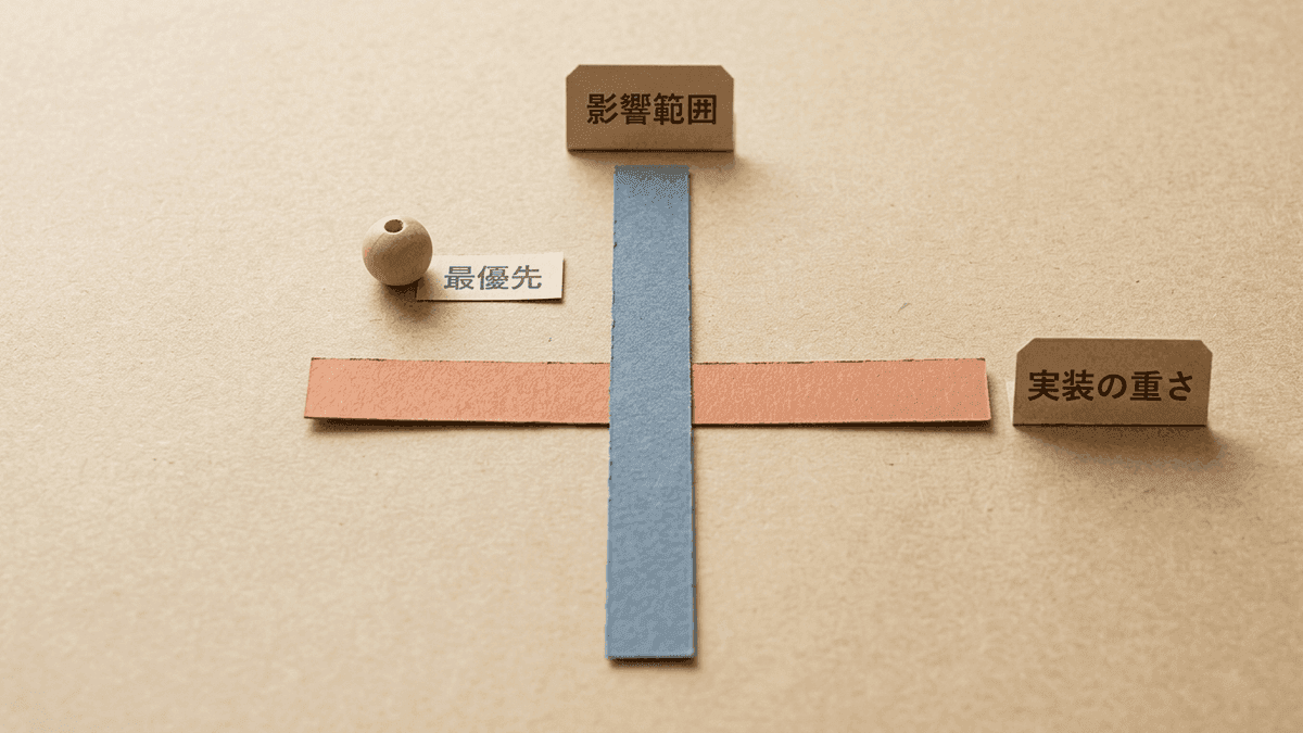 施策の優先順位を影響範囲と実装の重さで分けた4象限の図