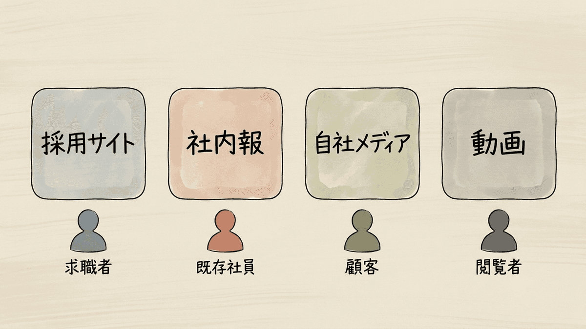社員インタビューの4つの型と読者の違いを示した図解