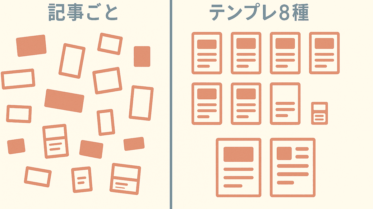 記事ごとにデザインを作る方式とカテゴリ単位でテンプレートを分ける方式の管理数を比較した図