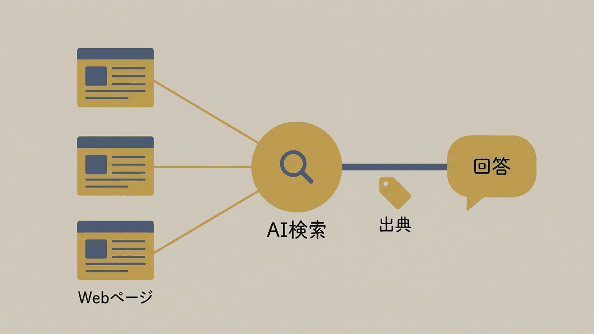 AI検索がWeb上の複数ページから根拠を抜き出して回答に引用する仕組みを示した図解