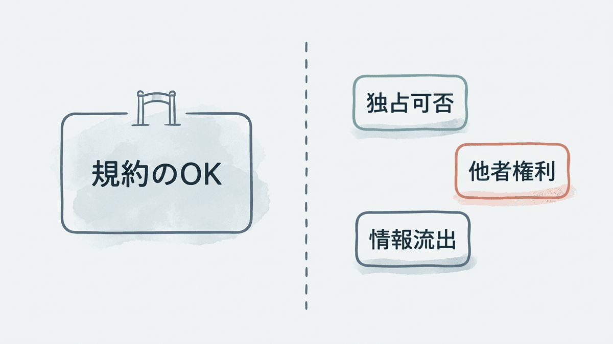 規約の商用利用OKが答える範囲と、別に確認が必要な3つの問いを整理した図