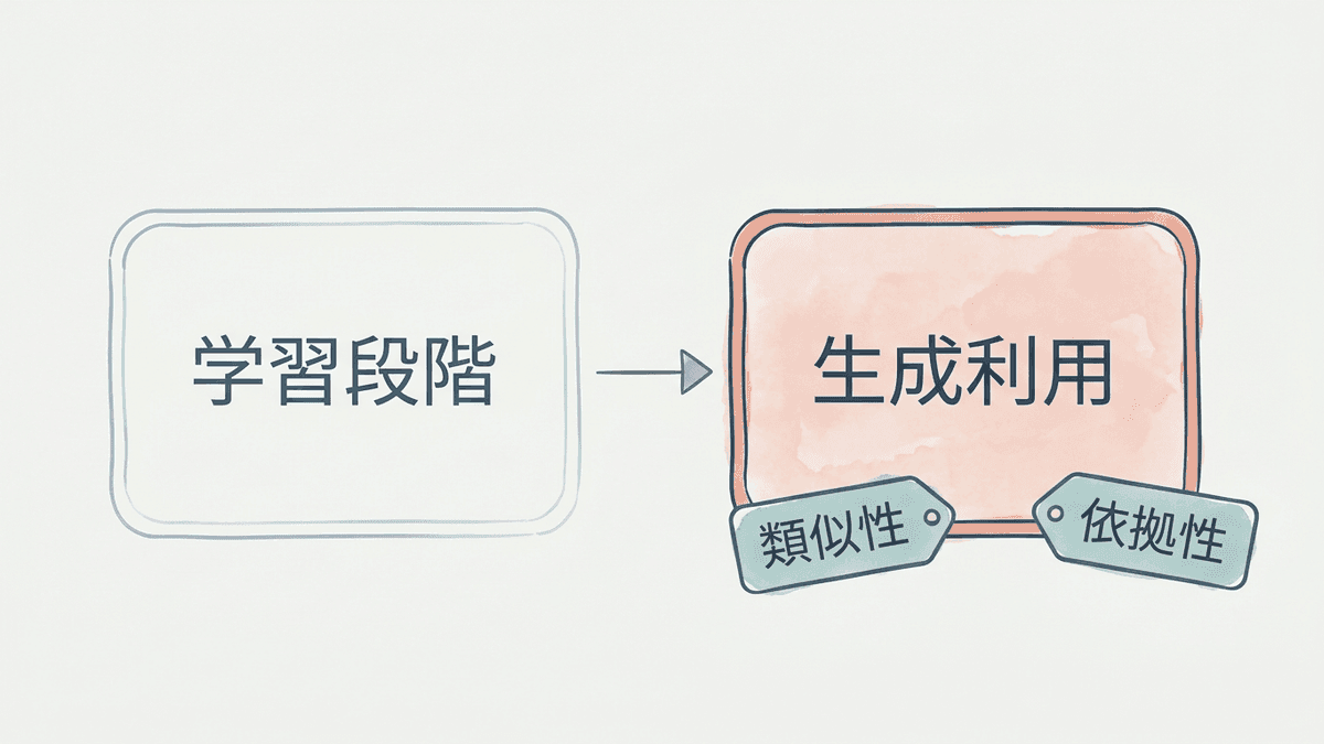 開発・学習段階と生成・利用段階でリスクの所在が変わることを示した図