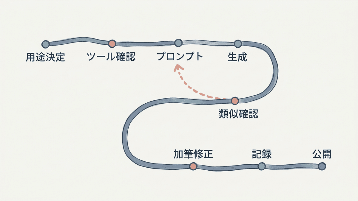 生成から公開までの確認工程を並べたフロー図