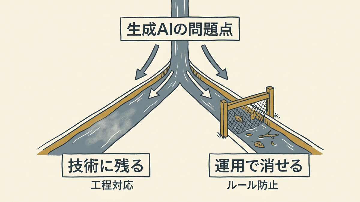 生成AIの問題点を技術に残るものと運用で消せるものに分類した図