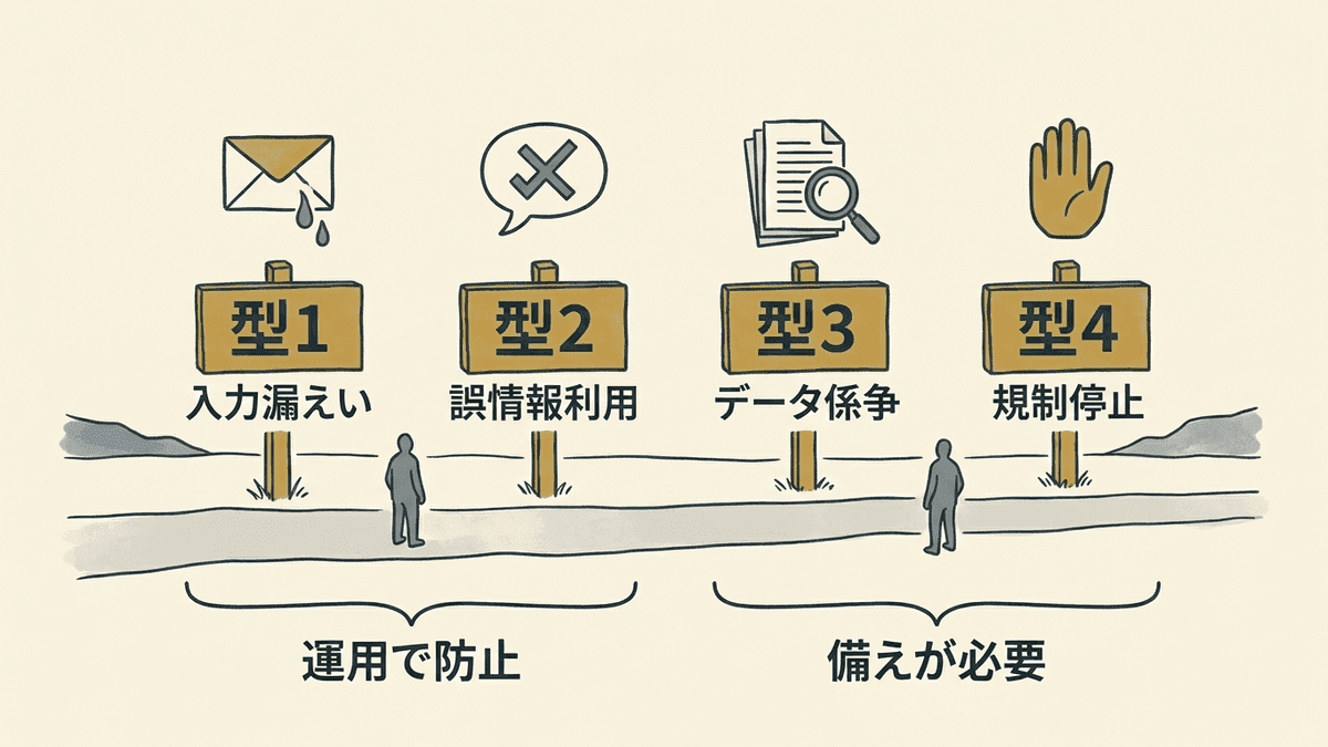 生成AIのトラブルを入力・出力・学習データ・規制の4つの型に分類した図