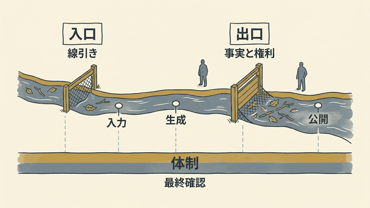 生成AIの利用フローに入口・出口・体制の3つの確認工程を配置した図