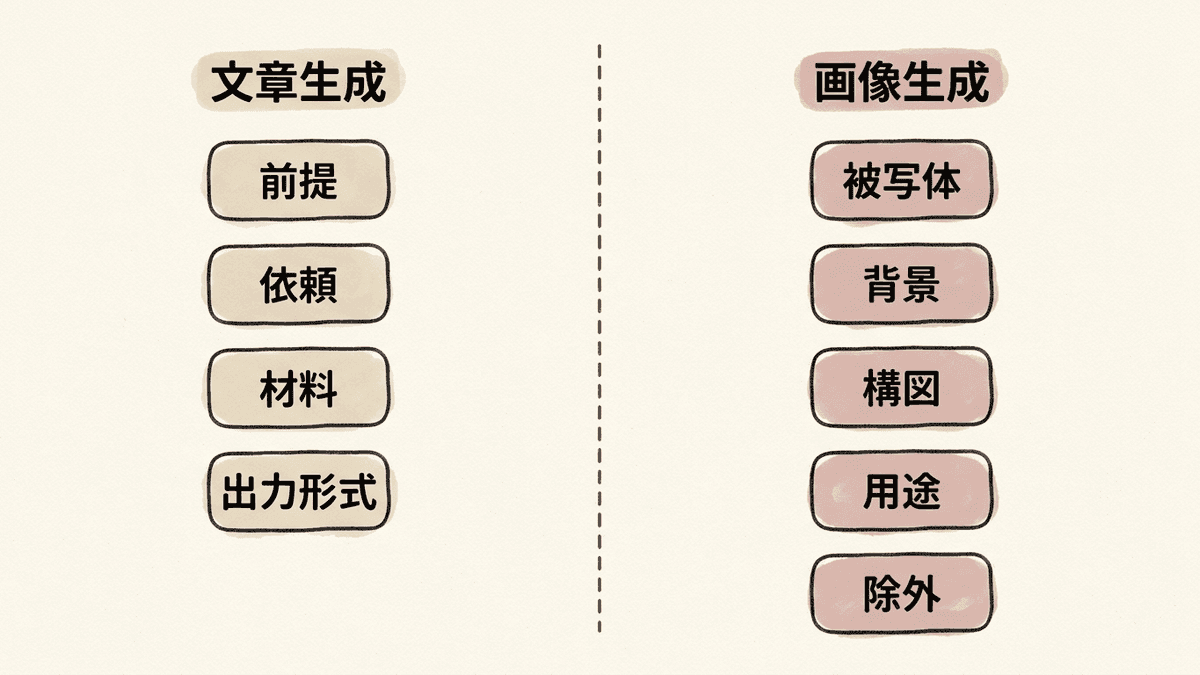 文章生成と画像生成でプロンプトテンプレートの構造が異なることを並べて示した図解