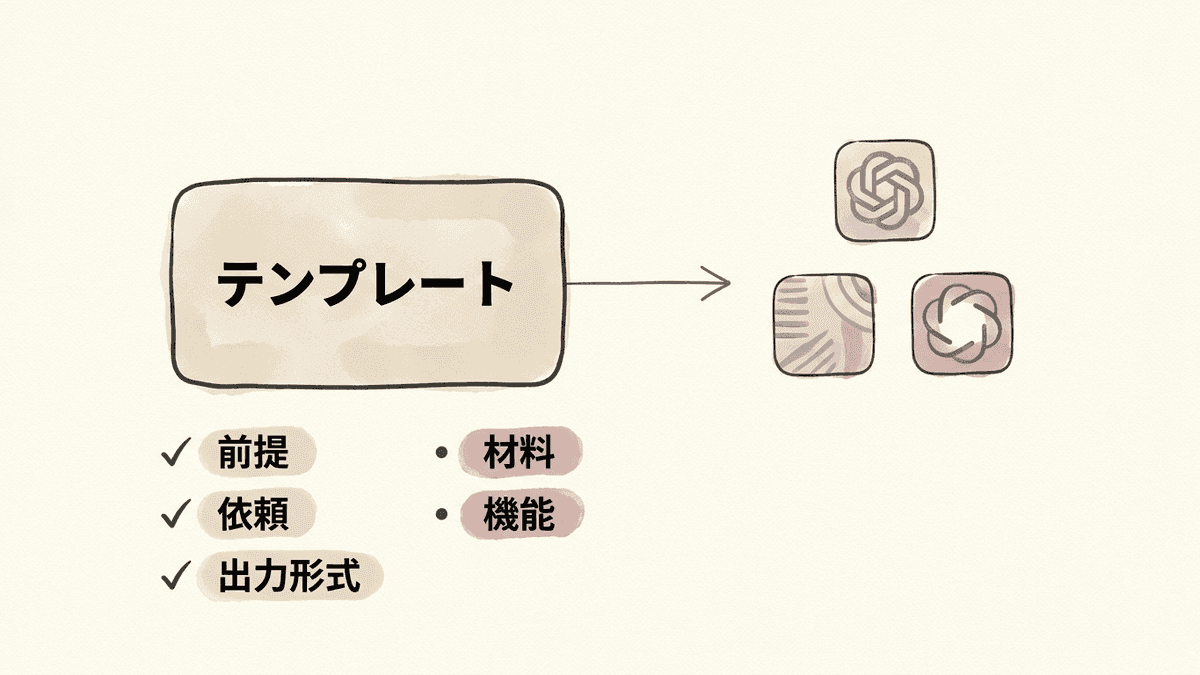 同じプロンプトテンプレートを別の生成AIへ移したとき、そのまま効く部分と確認が必要な部分を分けて示した図