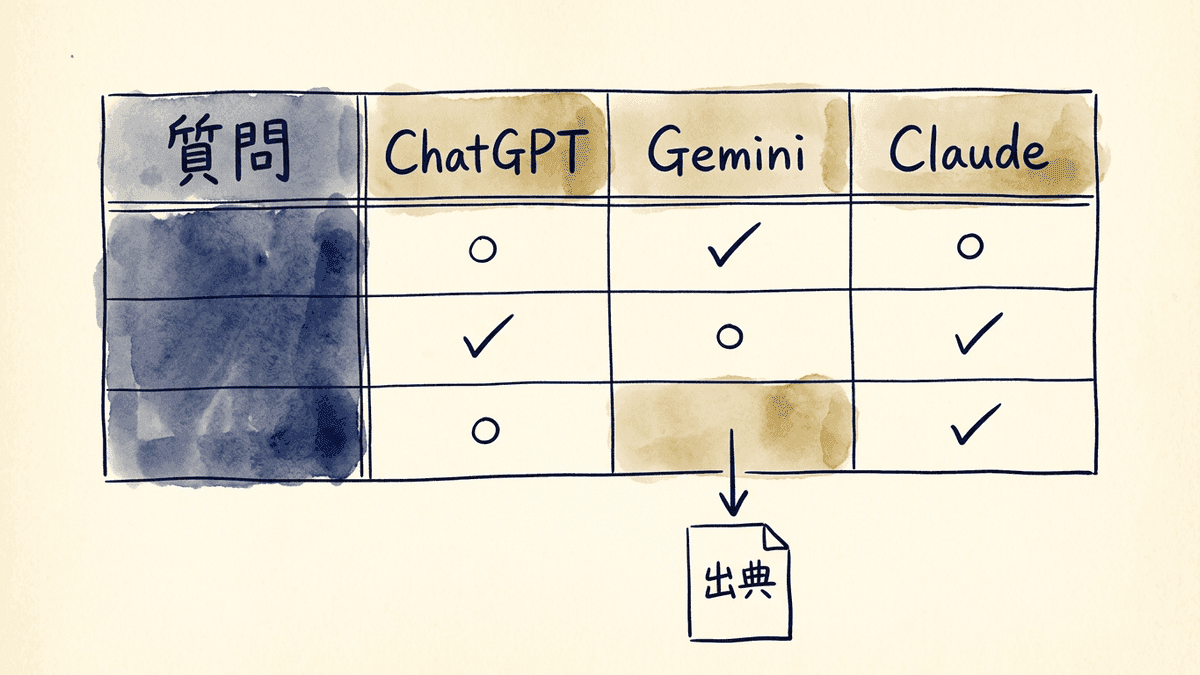 質問ごとに3つのAIでの名前の出方を記録する表の図