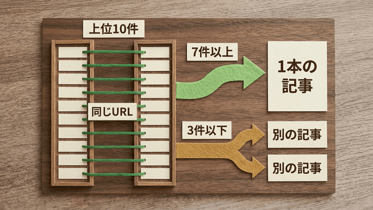 2つのキーワードの検索結果の上位10件を並べ、重なりの数で記事をまとめるか分けるかを決める図