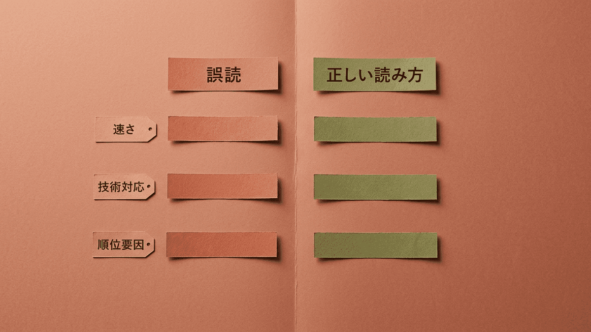 10の事実でよくある3つの誤読と正しい読み方を並べた対比図
