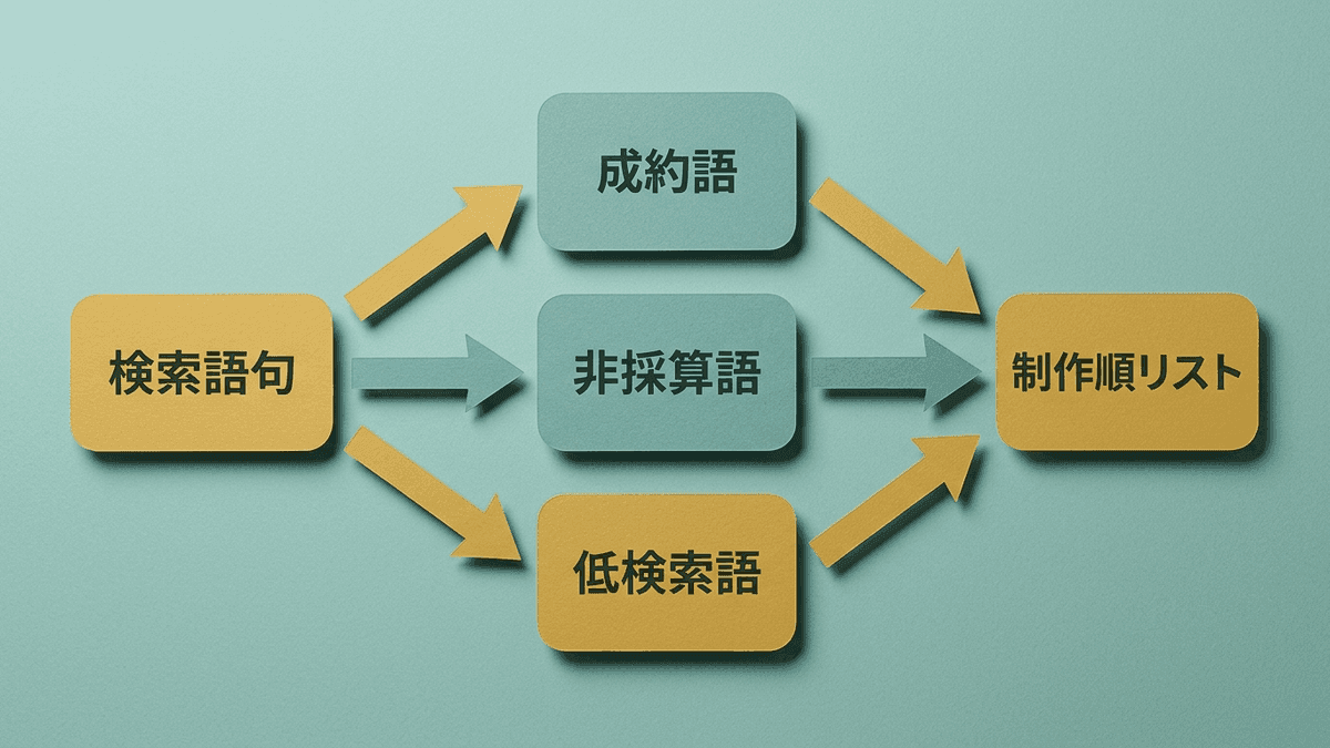広告の検索語句データを記事のキーワード設計に受け渡す流れの図