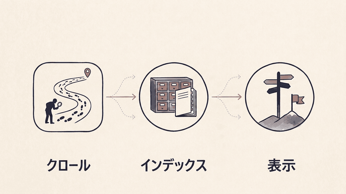 クロールからインデックス登録を経て検索結果に表示されるまでの3段階のフロー図