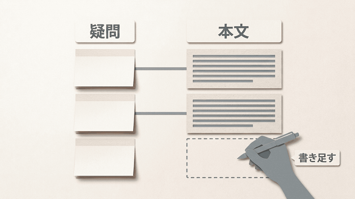 検索した人の疑問の一覧と、記事の本文で答えている段落を線で結び、答えの無い疑問に段落を書き足す様子を示す図