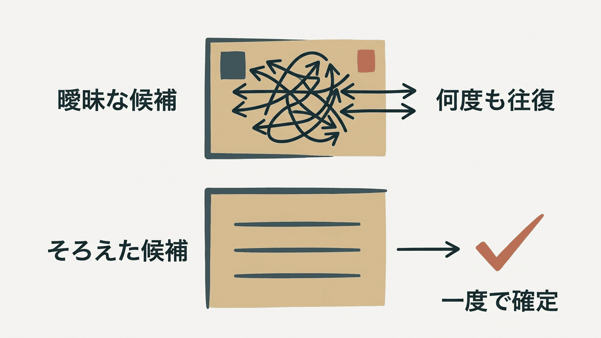 往復が増える候補日と一度で決まる候補日を上下に並べた比較図