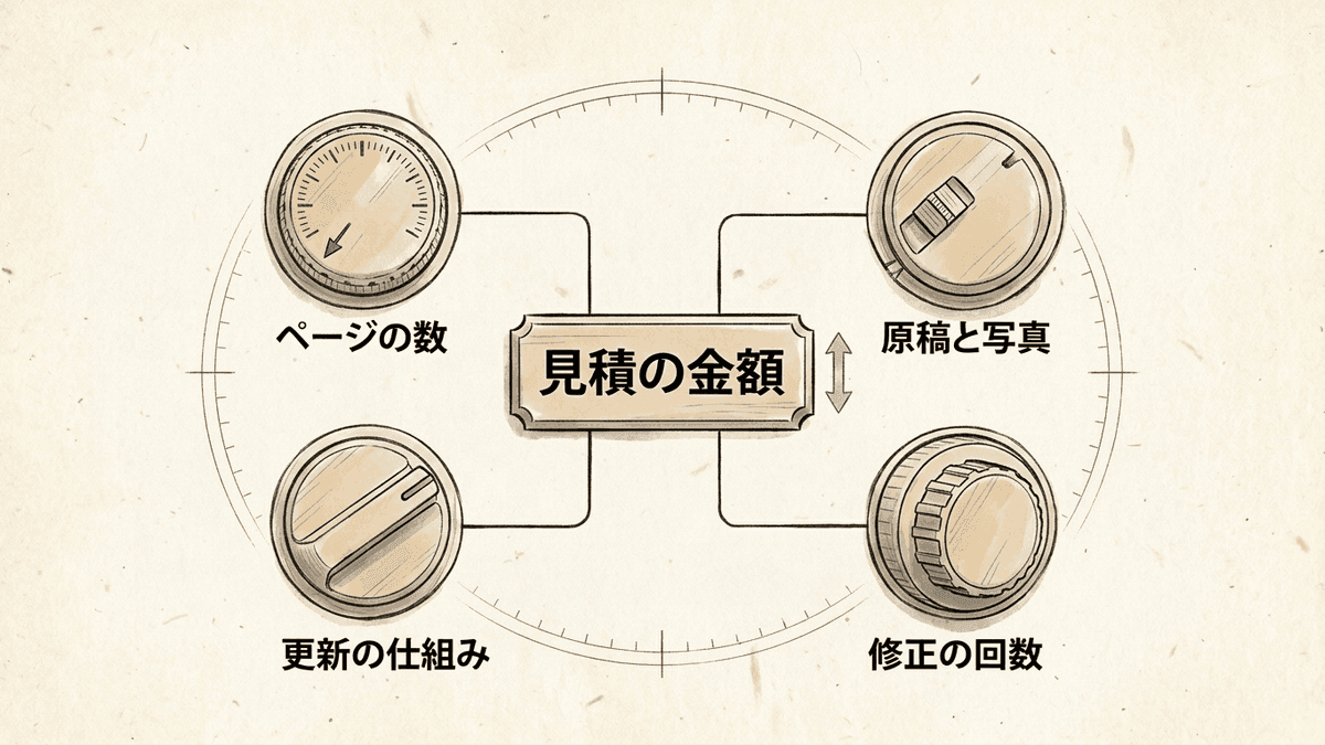 フリーランスの見積の金額を上下させる4つの項目の図