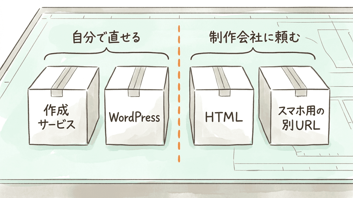 サイトの4種類を、自分で直せる側と制作会社に頼む側に分けた図