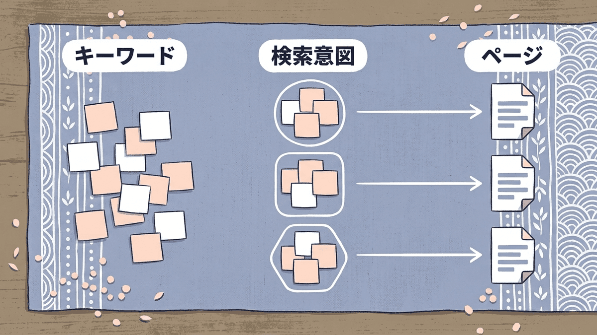 集めたキーワードを検索意図ごとにまとめ、1つの意図に1ページを割り当てる流れの図