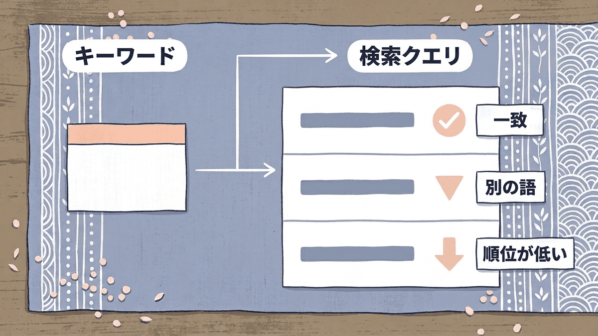 狙ったキーワードと、サーチコンソールに表示された実際の検索クエリを比べる図
