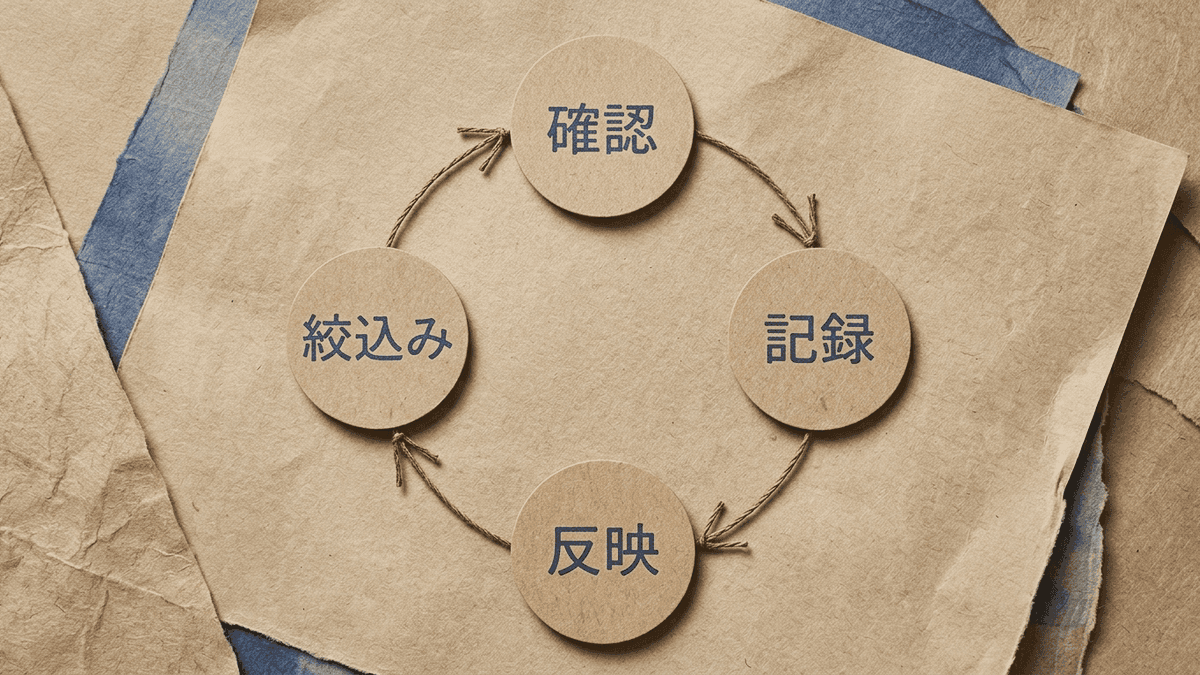確認で見つけた誤りを記録し指示に反映することで確認対象が絞られていく循環の図