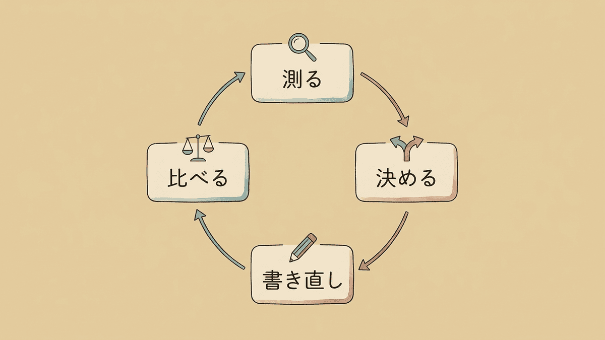 ツールで測り、直す場所を決め、記事を直し、前後の数字を比べる流れを示す図