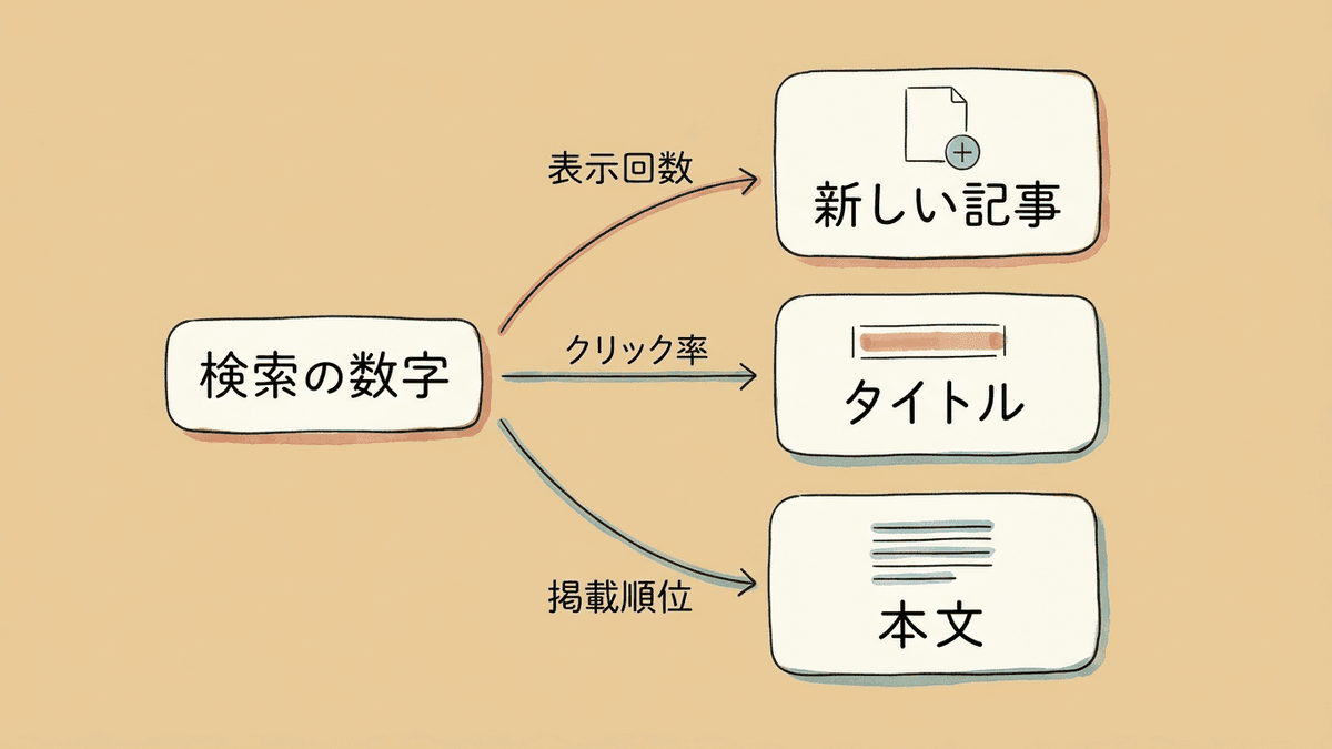 サーチコンソールの数字から、新しい記事・タイトルの書き直し・本文の書き直しのどれに進むかを分ける図