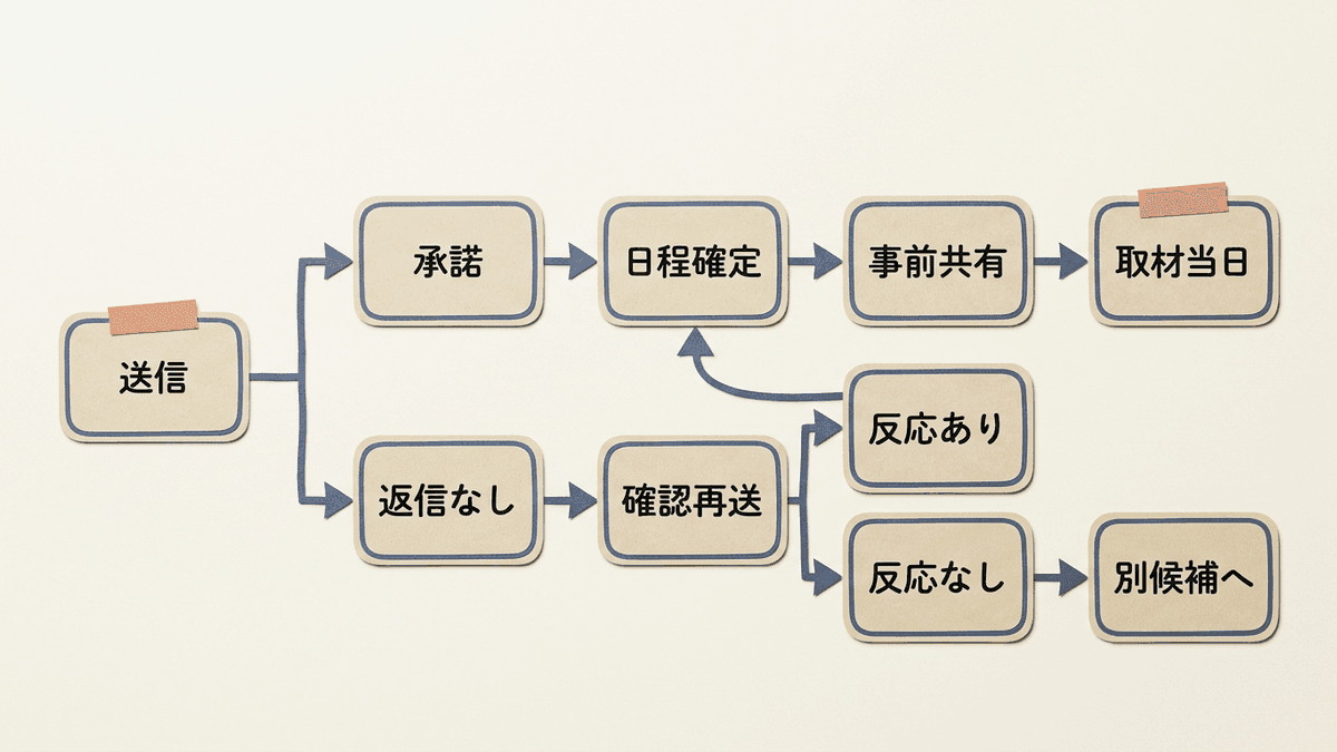 取材依頼書の送信から取材当日までの流れと、返信がない場合の分岐を示したフロー図