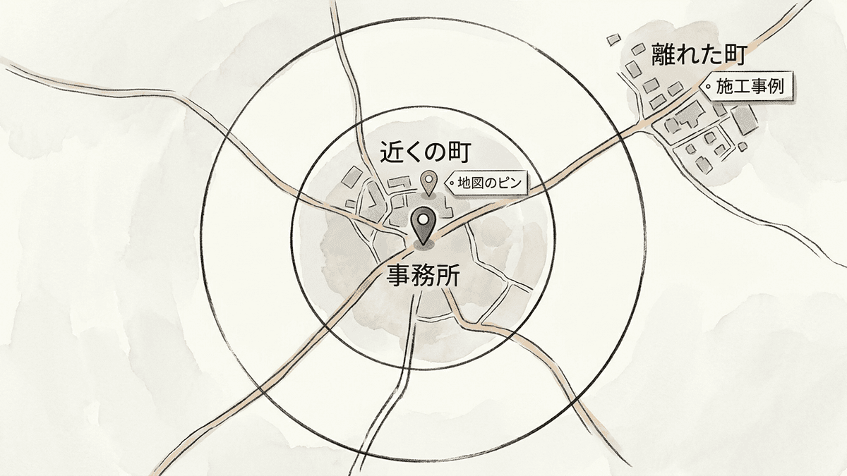 ローカル検索では事務所との距離が要因になり、離れた町に向けては施工事例のページも用意する考え方を示した図