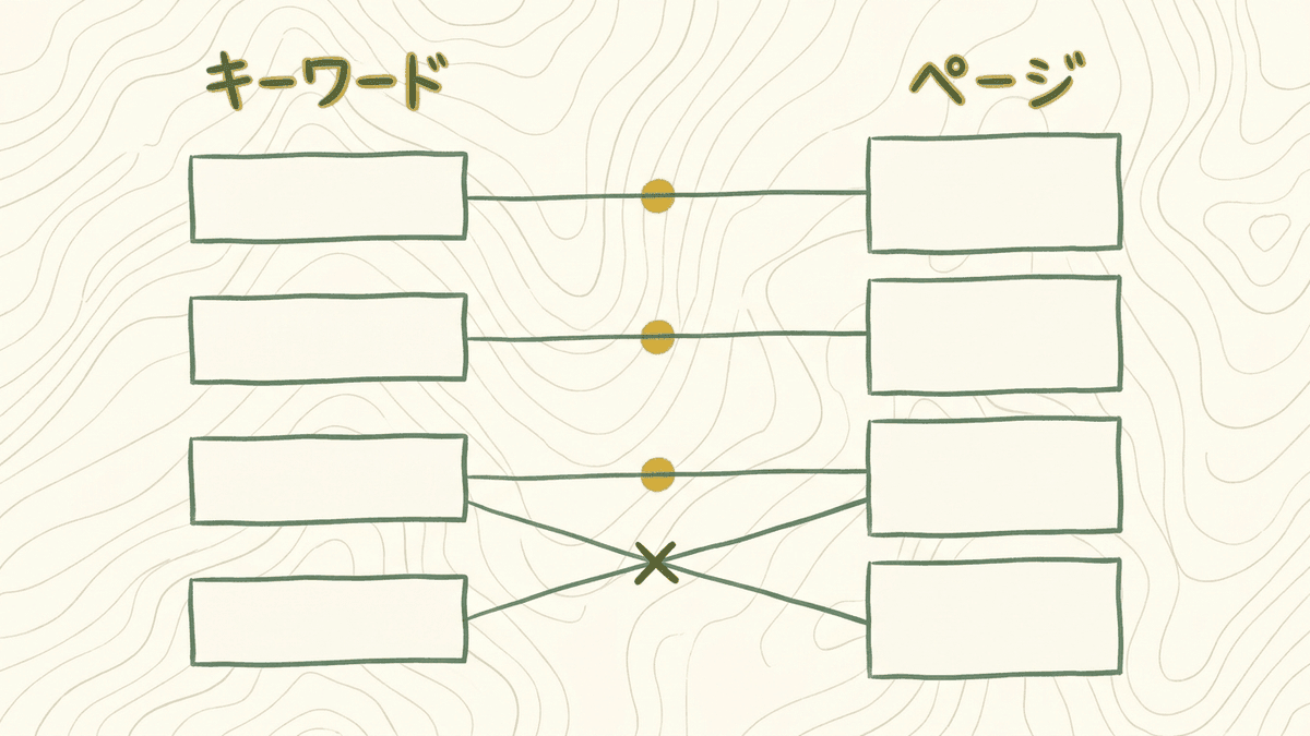 狙うキーワードと答えるページを1本ずつ線で結んだ割り当ての図
