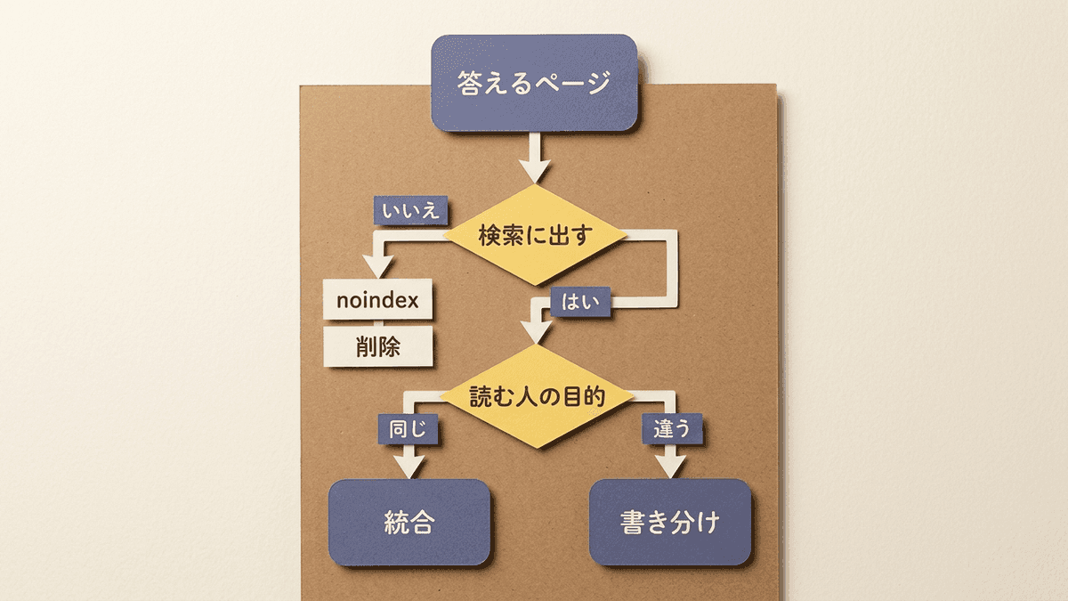 カニバリの直し方を、検索に出す必要があるかと、読む人の目的が同じかの2つの問いで選ぶ流れ図
