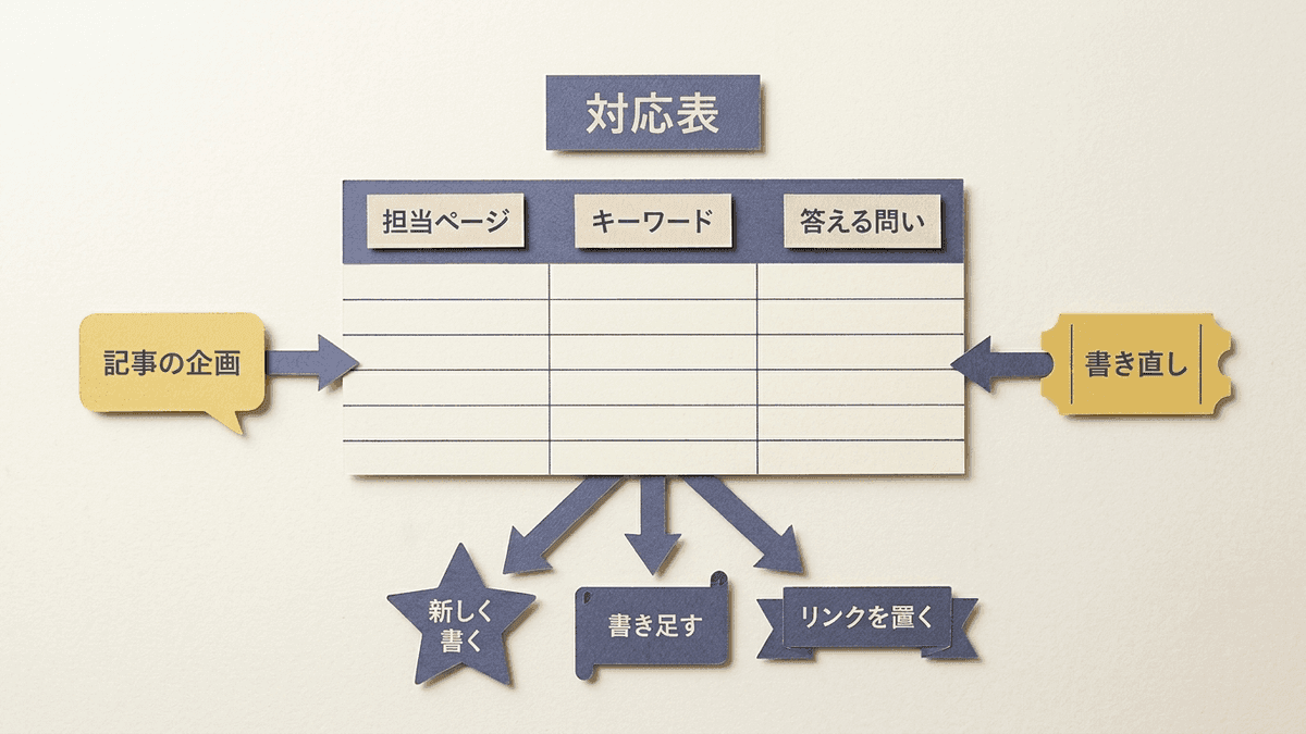 公開したページごとに担当するキーワードと答える問いを並べた対応表を、記事の企画と書き直しの前に照らし合わせる流れの図