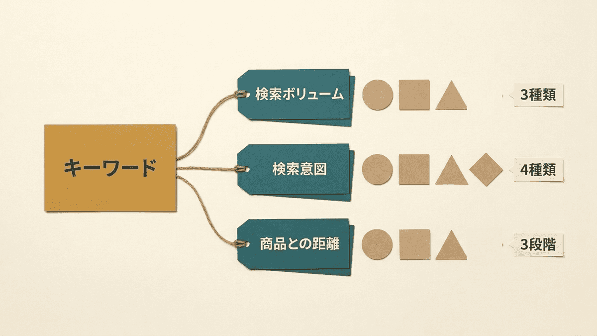 1つのキーワードを、検索ボリューム・検索意図・商品との距離の3つの軸で分類する図