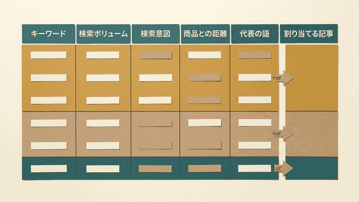 キーワードの分類表の例。語ごとに検索ボリューム、検索意図、商品との距離、代表の語、割り当てる記事の列が並ぶ