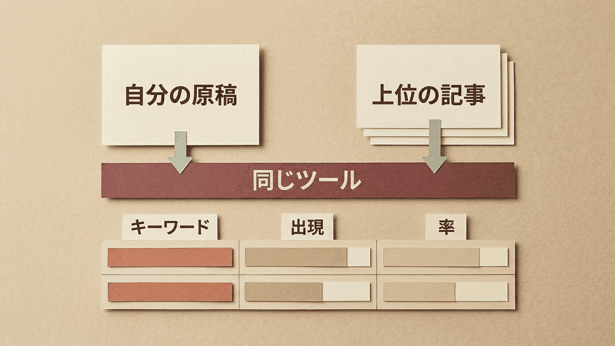 自分の原稿と上位の記事を同じツールで測り、語ごとに出現率を並べて比べる図