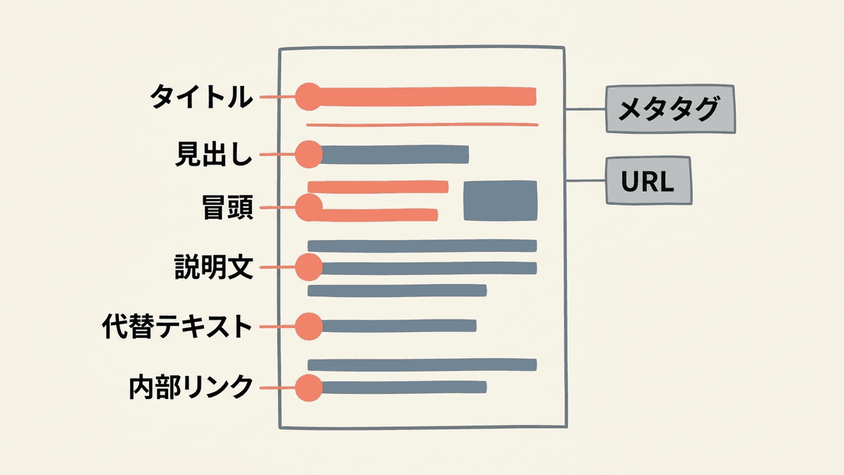 記事ページの中でキーワードを入れる場所と、効果の薄い場所を示した図