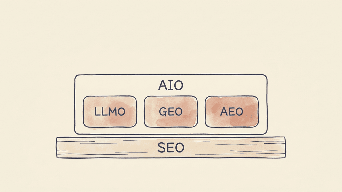 SEOを土台にAIO・LLMO・GEO・AEOが並ぶ位置関係マップ