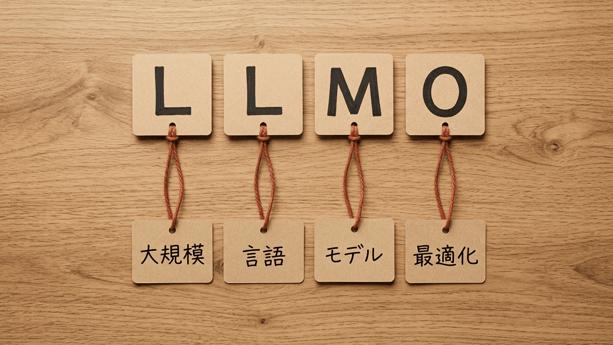LLMOの4文字を一字ずつ読み分け、Large・Language・Model・Optimizationに対応させた図