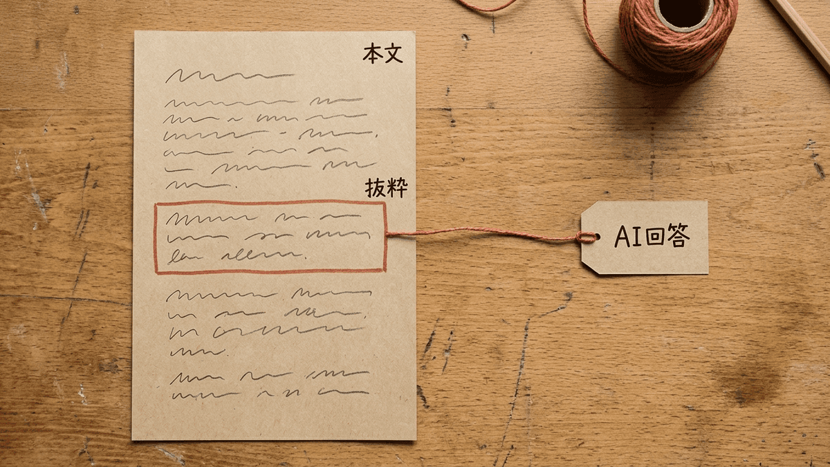 生成AIが記事全体ではなく、答えになる一段落だけを引用として抜き出す様子の図