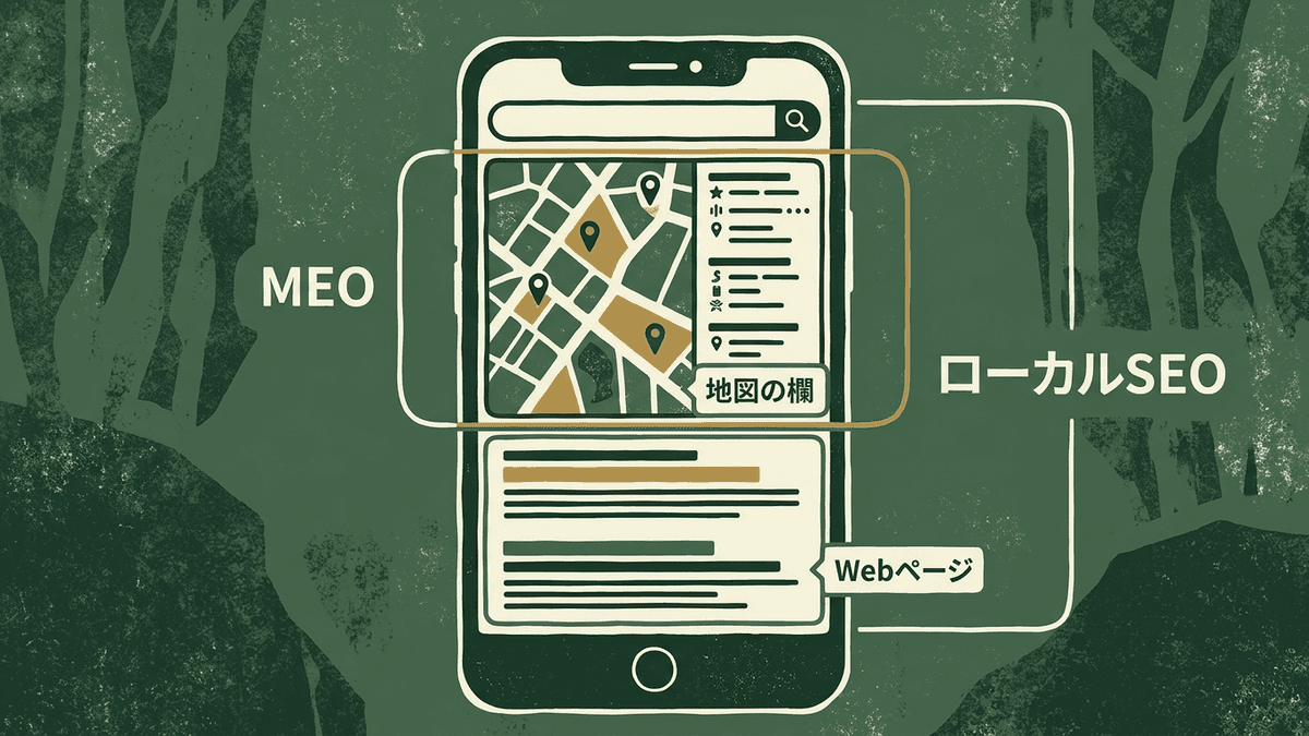 検索結果の画面で、MEOとローカルSEOがそれぞれどこまでの対策を指すかを示した図