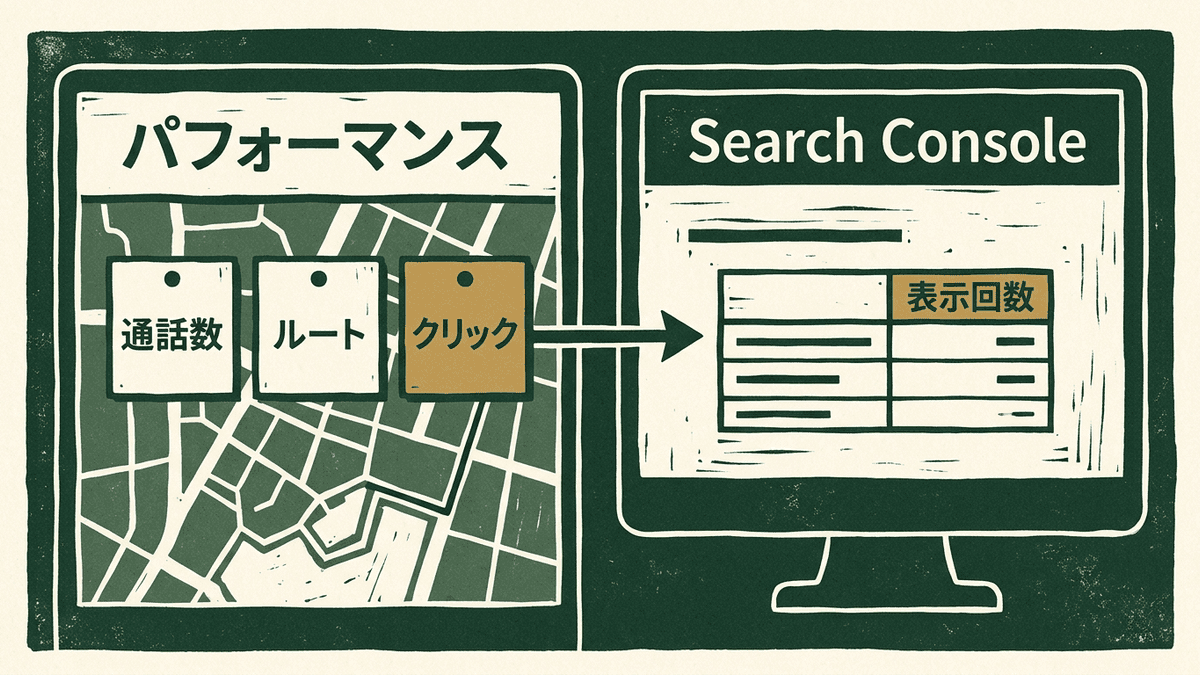 ビジネスプロフィールのパフォーマンスとSearch Consoleで、それぞれ数える数字を並べた図