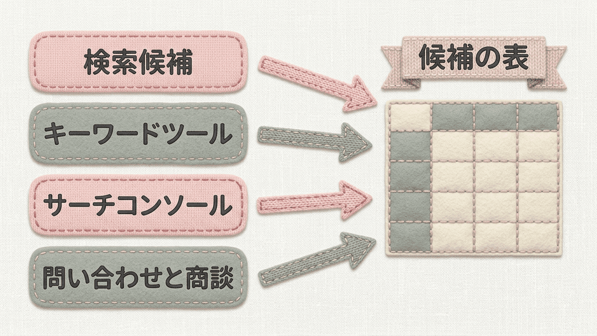 4つの方法で集めた候補のキーワードを1つの表にまとめる流れ