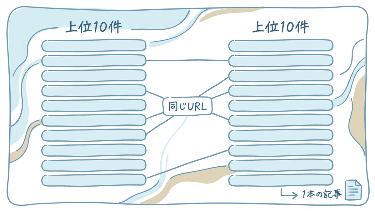 2つのキーワードの上位10件を左右に並べ、同じURLを線で結んで数える様子を示した図