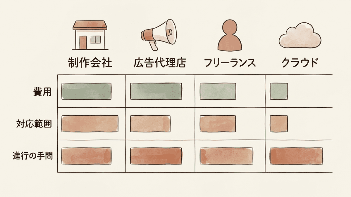 LP制作の依頼先4タイプの比較図