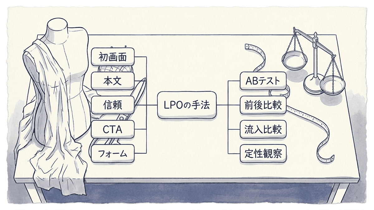 LPOの手法が改善系と検証系の2系統に分かれる構造の図解