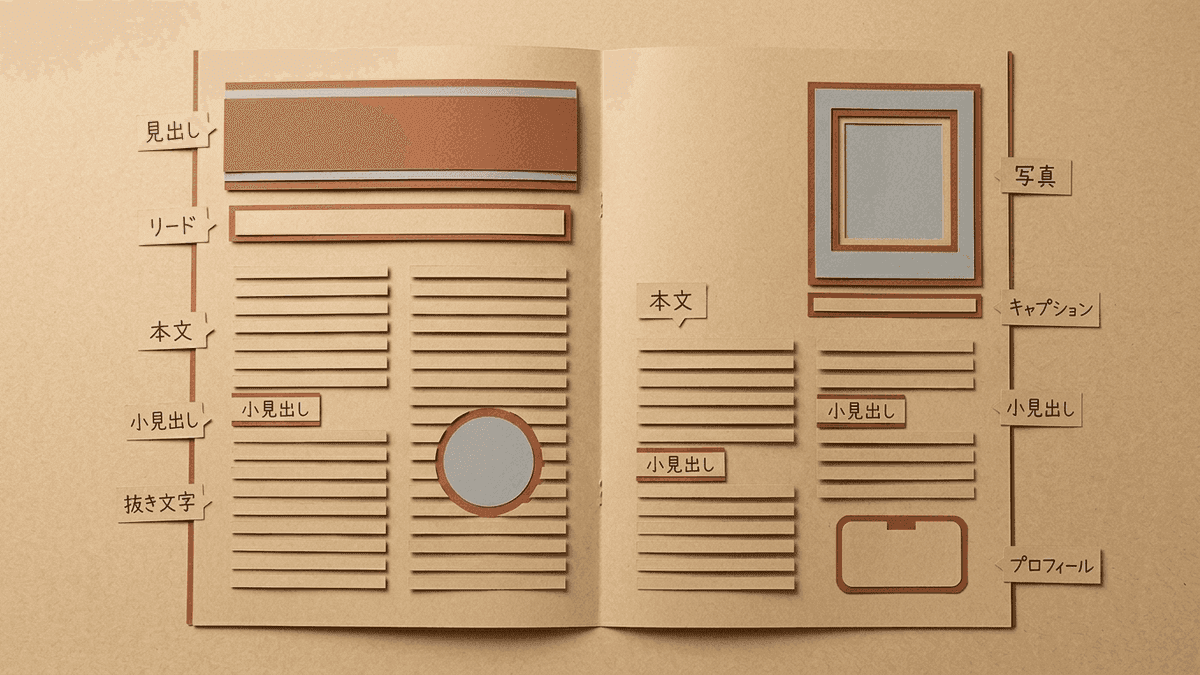 雑誌のインタビュー記事の誌面を構成する要素を示した図解